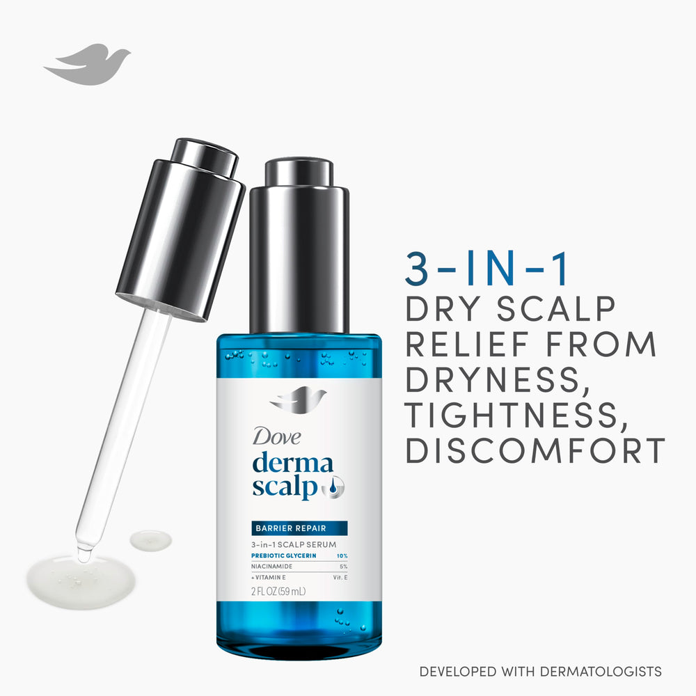 Masaje capilar suave con Dove Derma Scalp Serum para un cuero cabelludo relajado.