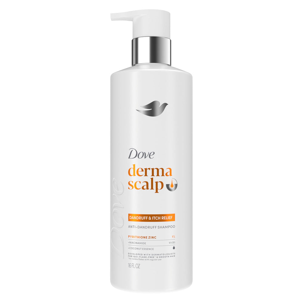 Dove Derma Scalp Shampoo bottle for dandruff relief and soothing scalp.