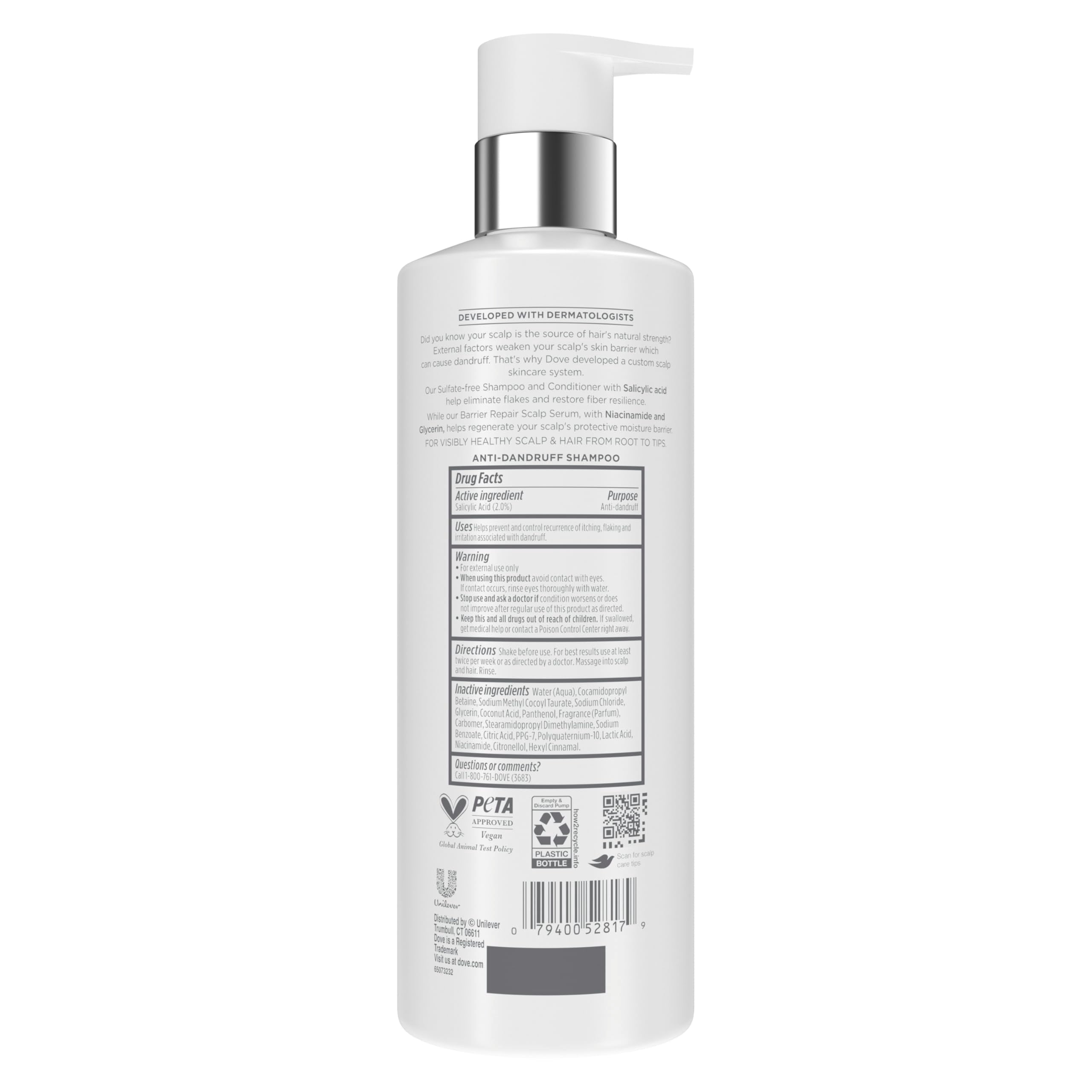 Close-up of Dove Derma Scalp Shampoo label highlighting salicylic acid benefits