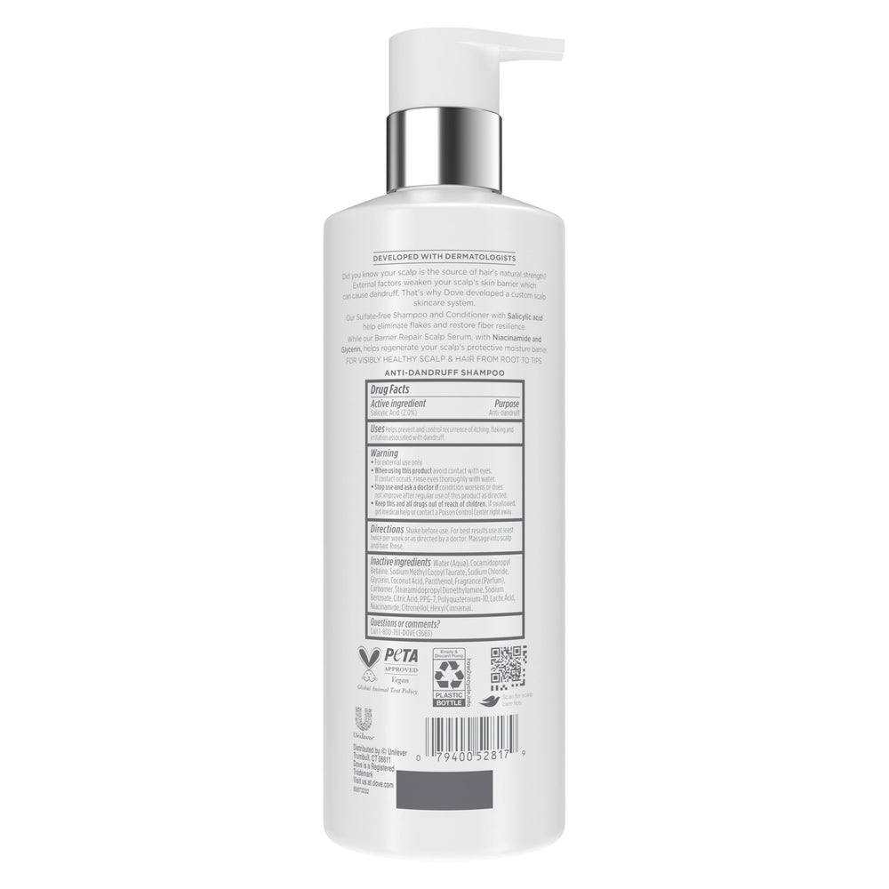 Close-up of Dove Derma Scalp Shampoo label highlighting salicylic acid benefits