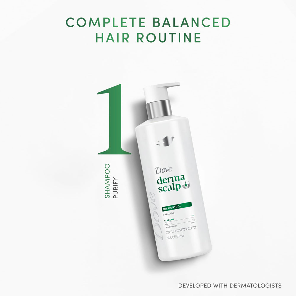 Dove Derma Scalp Shampoo application on hair illustrating oil-control use.
