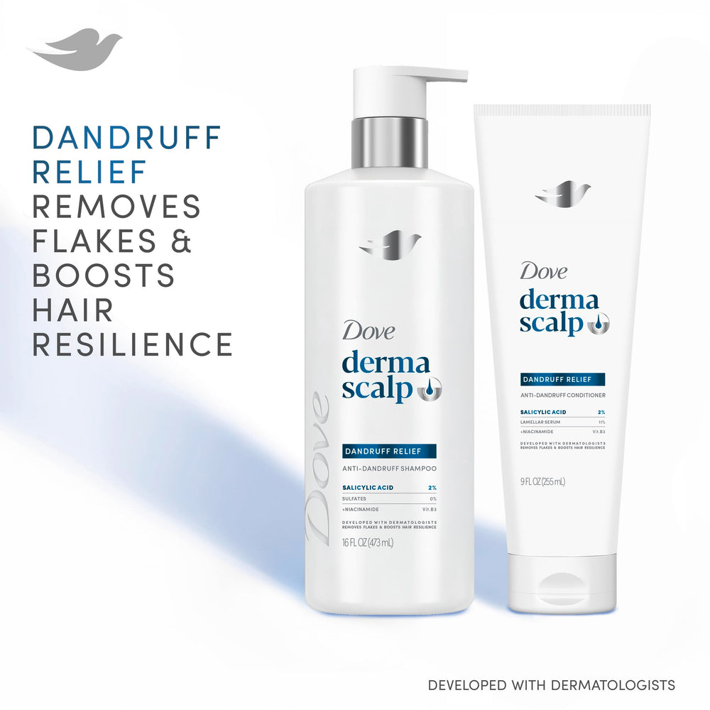 Pouring Dove Derma Scalp Shampoo into hand to apply on scalp