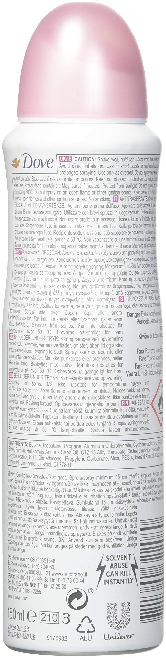 Dove Desodorante Antitranspirante 150 ml, etiqueta, ofrece 24-48 horas de frescura