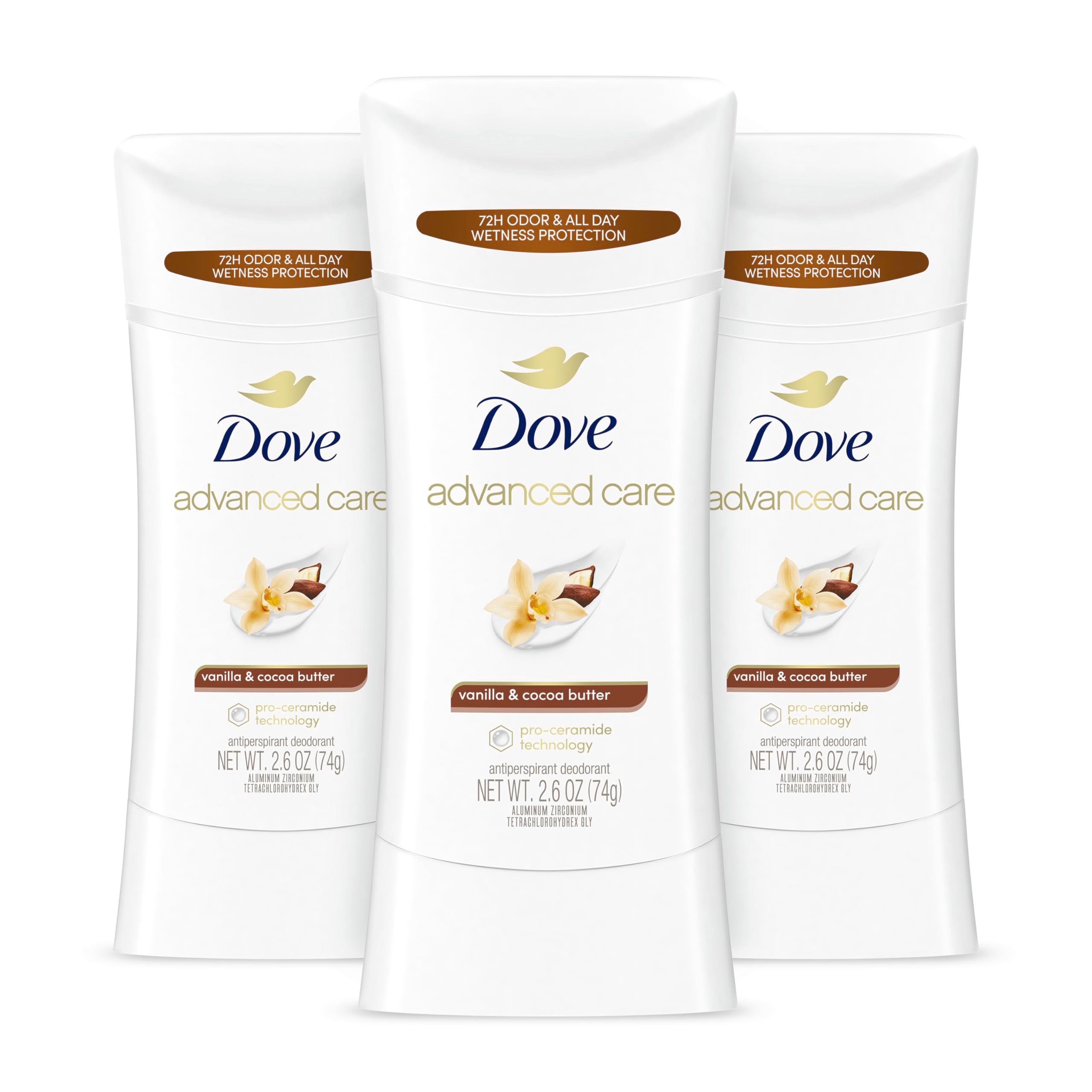 Desodorante Dove en barra con vainilla y cacao para uso diario y fragancia duradera.