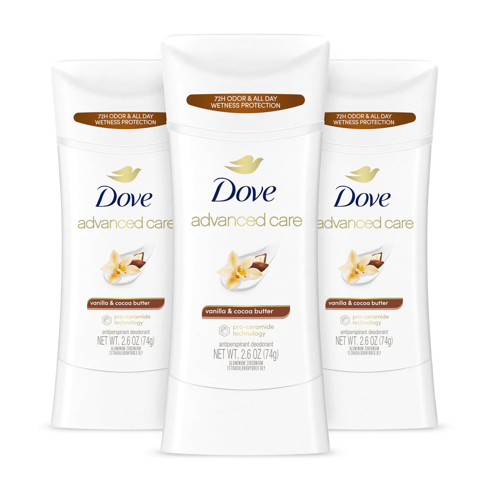 Desodorante Dove en barra con vainilla y cacao para uso diario y fragancia duradera.