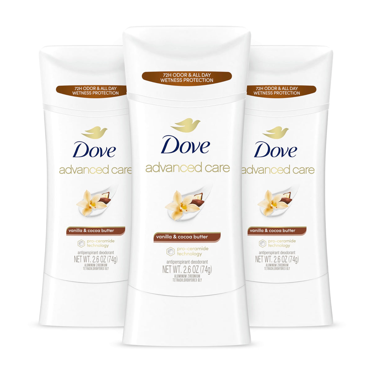 Desodorante Dove en barra con vainilla y cacao para uso diario y fragancia duradera.