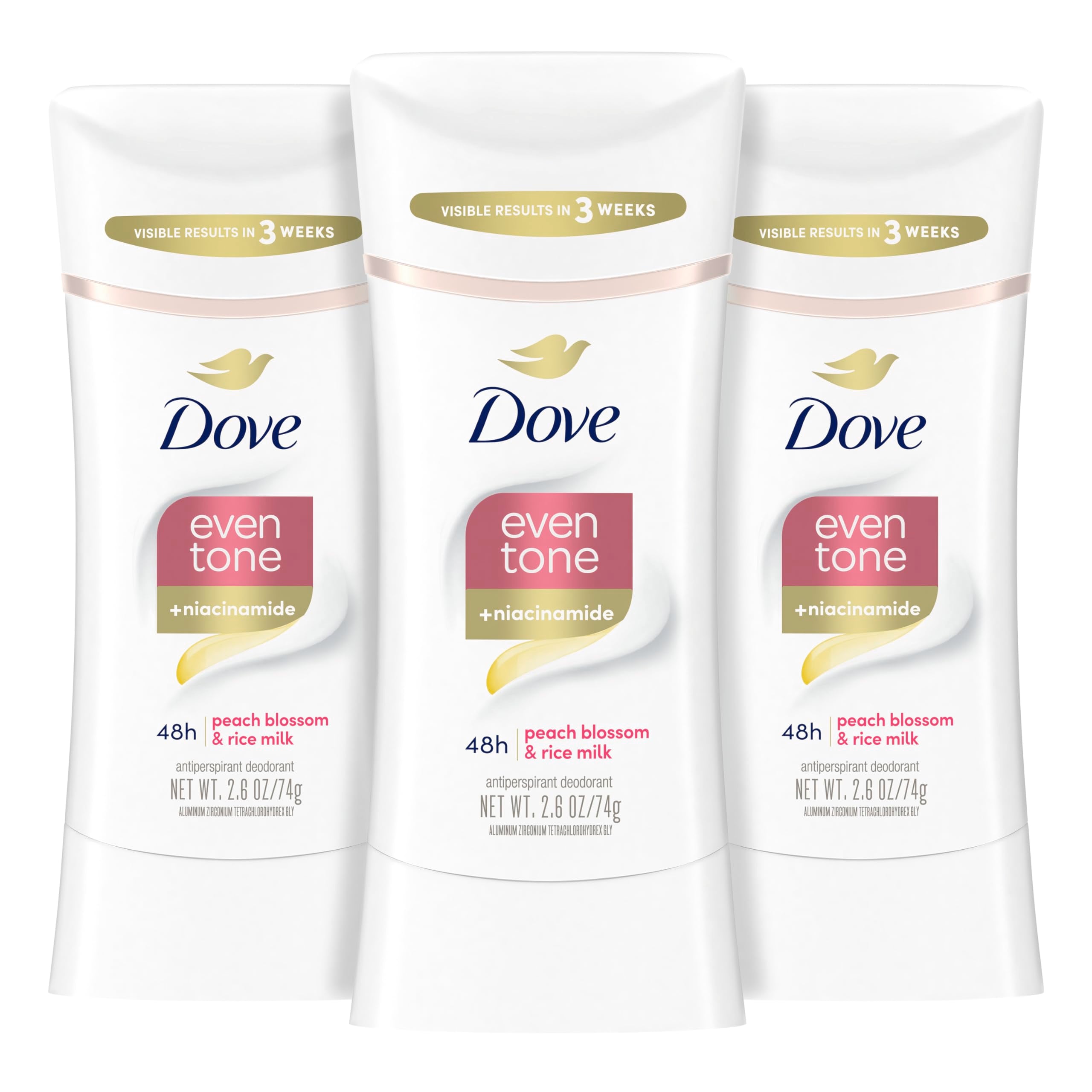 Dove desodorante en barra tono uniforme, aplicación suave y rápida.
