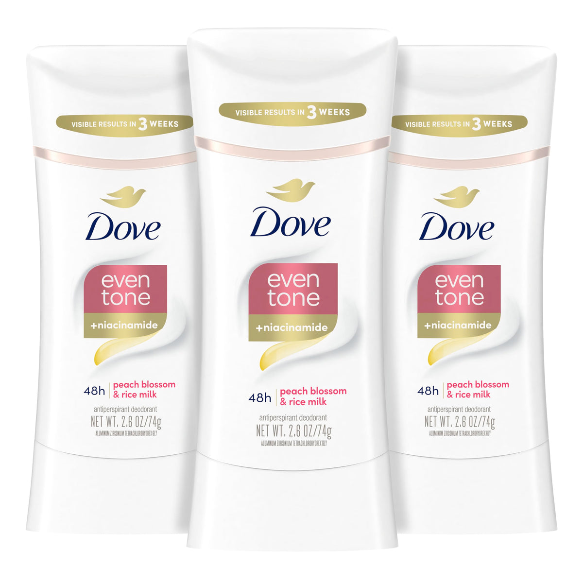 Dove desodorante en barra tono uniforme, aplicación suave y rápida.
