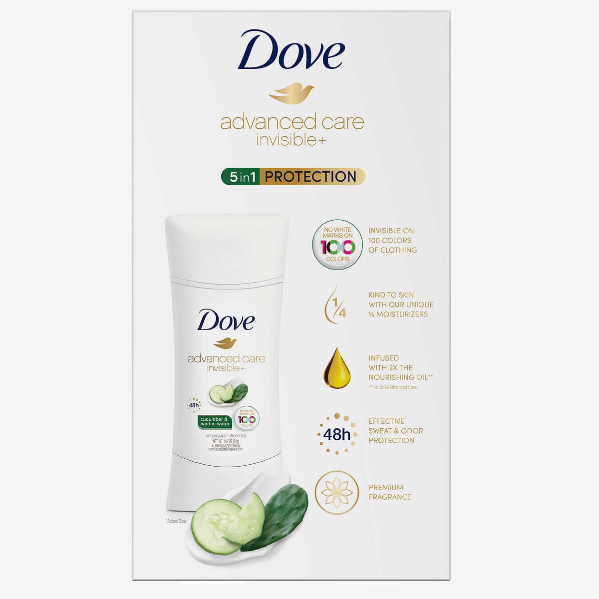 Dove Advanced Care Invisible Agua de cactus, aroma ligero para todo el día.