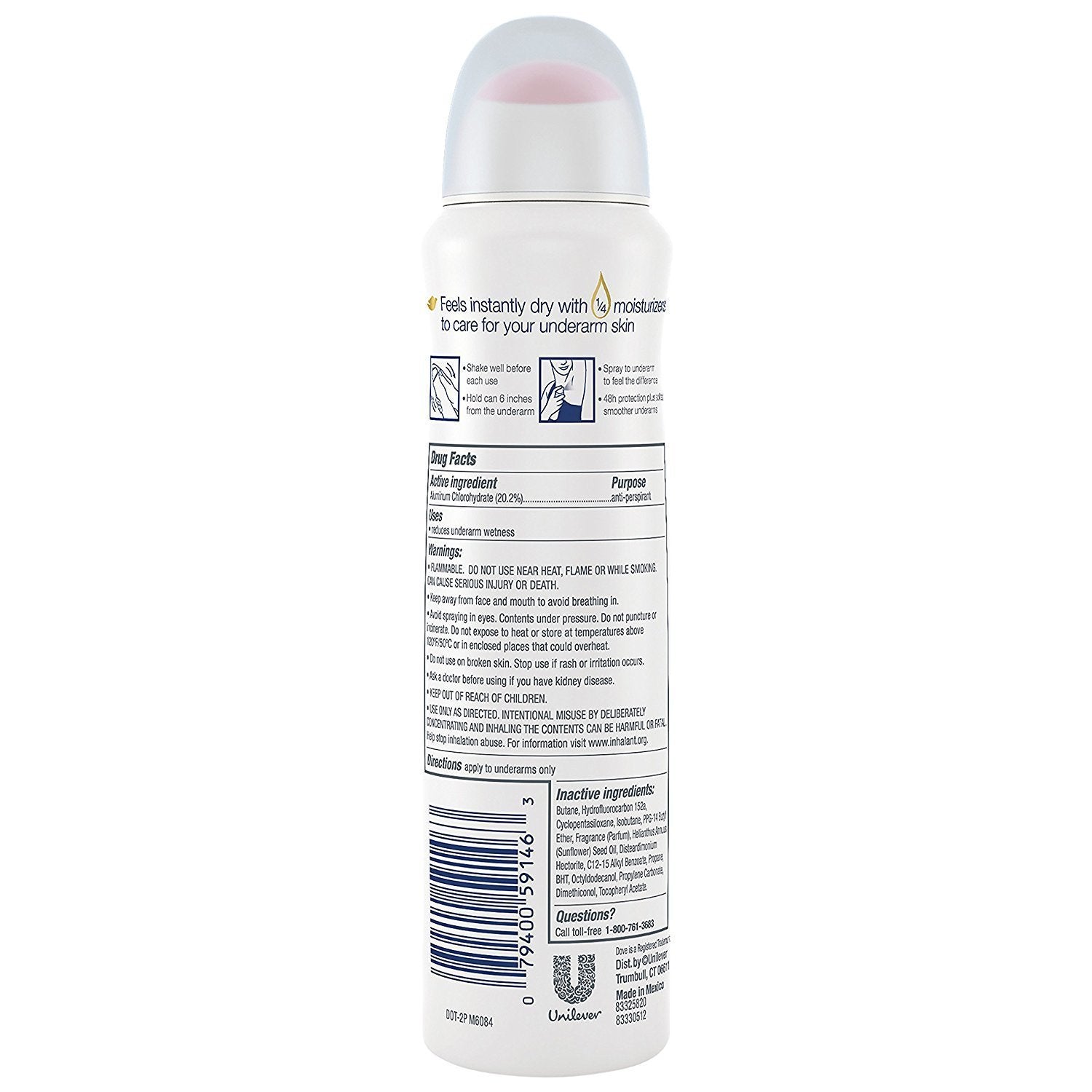 Dove Desodorante spray seco invisible etiqueta limpia, aspecto limpio y neutro.