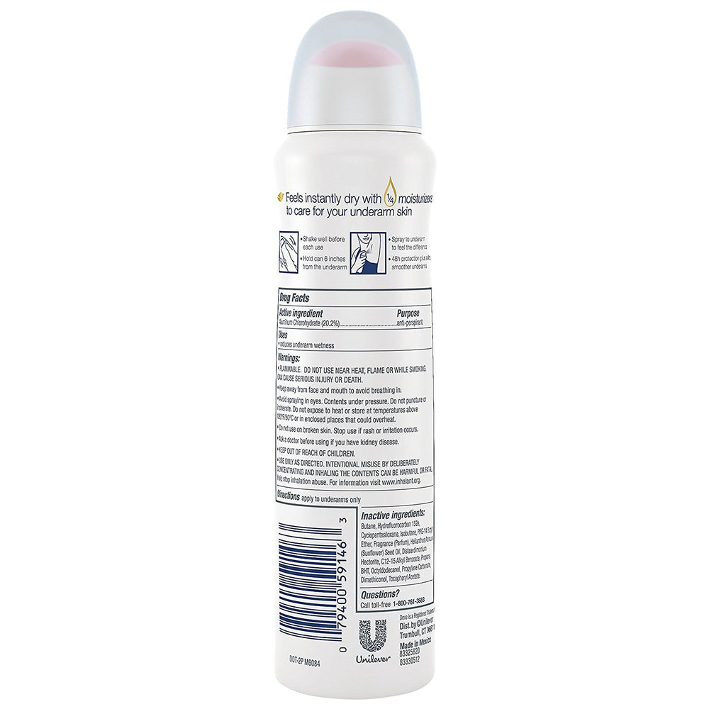 Dove Desodorante spray seco invisible etiqueta limpia, aspecto limpio y neutro.