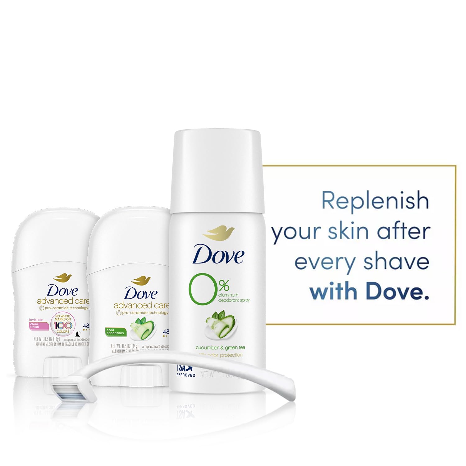 Spray Dove sin aluminio de 1.1 oz, ideal para cabina.