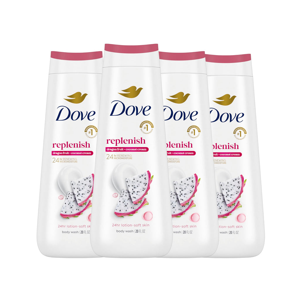 Dove Replenishing Body Wash bottle featuring dragon fruit and coconut cream for nourishing hydration.