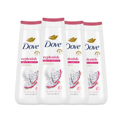 Dove Replenishing Body Wash bottle featuring dragon fruit and coconut cream for nourishing hydration.