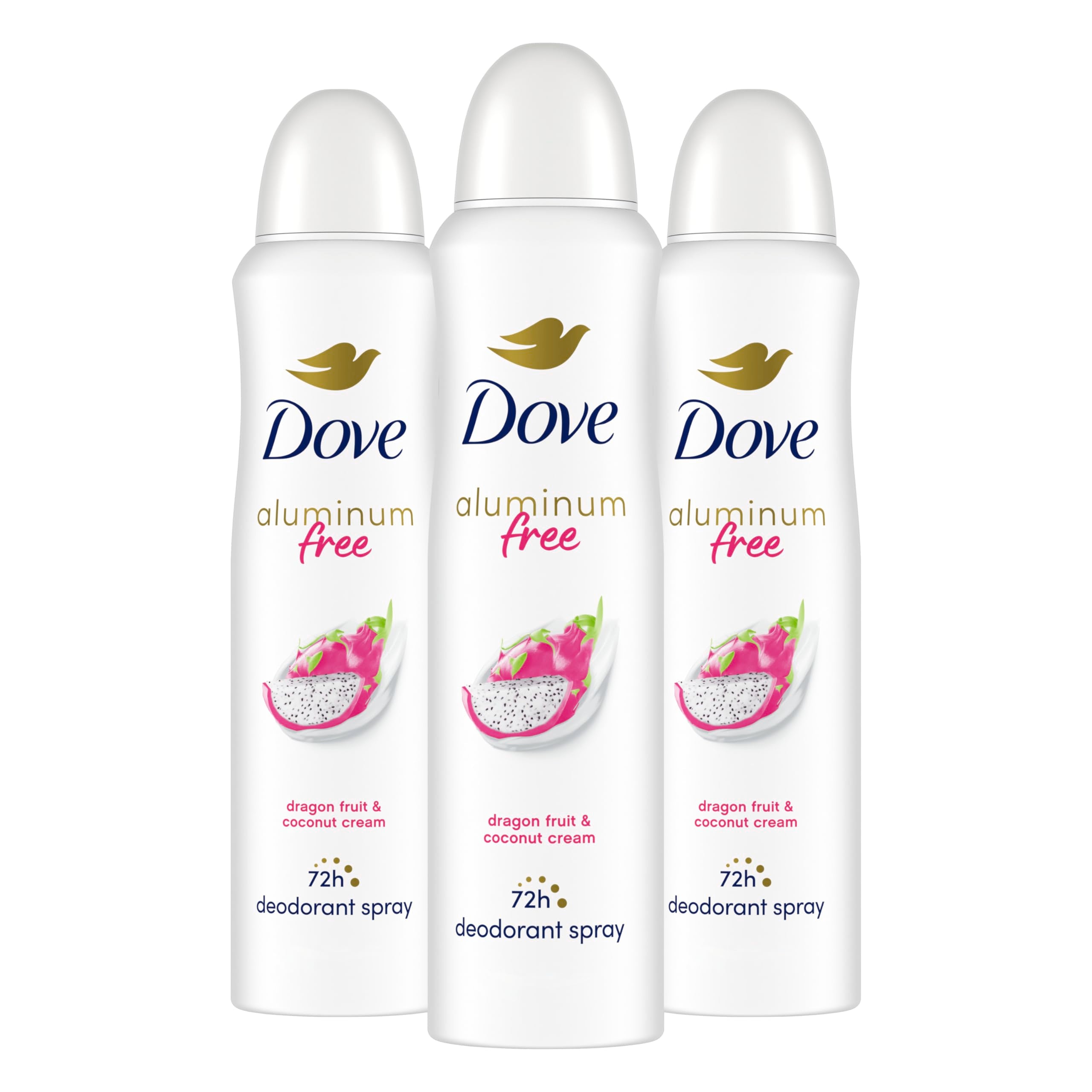 Dove dragon fruit coconut cream deodorant spray three-pack shown for lasting freshness.