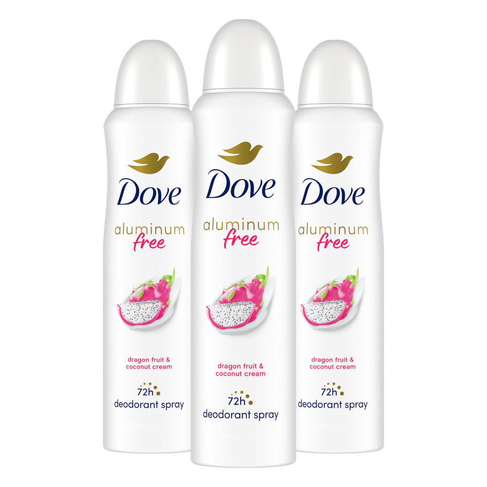 Dove dragon fruit coconut cream deodorant spray three-pack shown for lasting freshness.