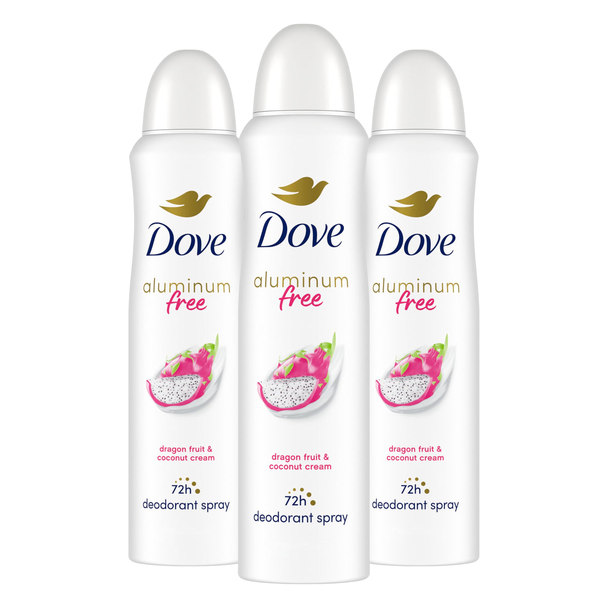 Dove dragon fruit coconut cream deodorant spray three-pack shown for lasting freshness.
