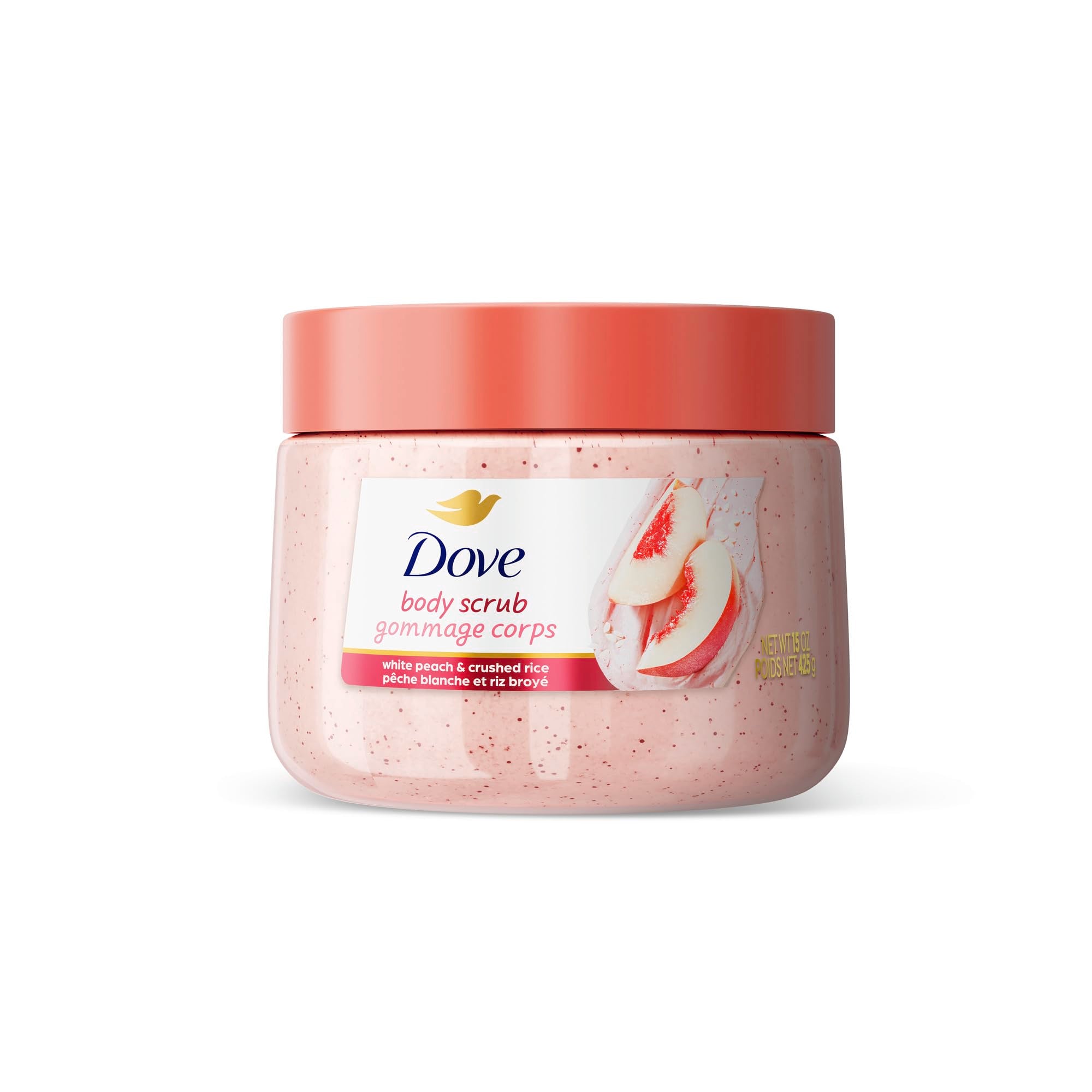 Dove Durazno Blanco y Arroz Triturado: bote exfoliante suave para piel seca
