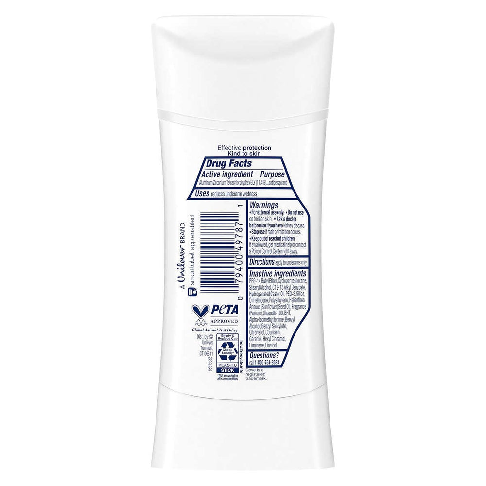 Etiqueta de Dove Advanced Care sin alcohol cuida la piel sensible.