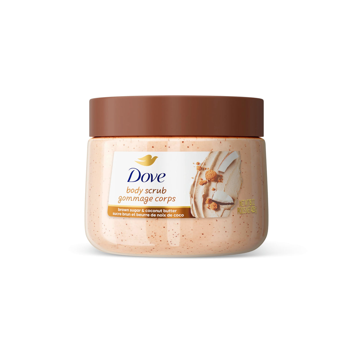 Dove exfoliante corporal con azucar morena y manteca de coco, para piel suave.