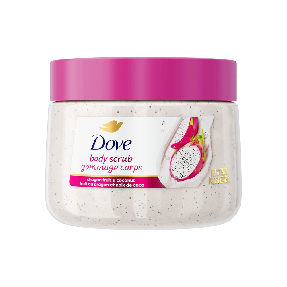 Dove Exfoliante Corporal Fruta Dragón Coco, textura cremosa para piel suave tras exfoliación.