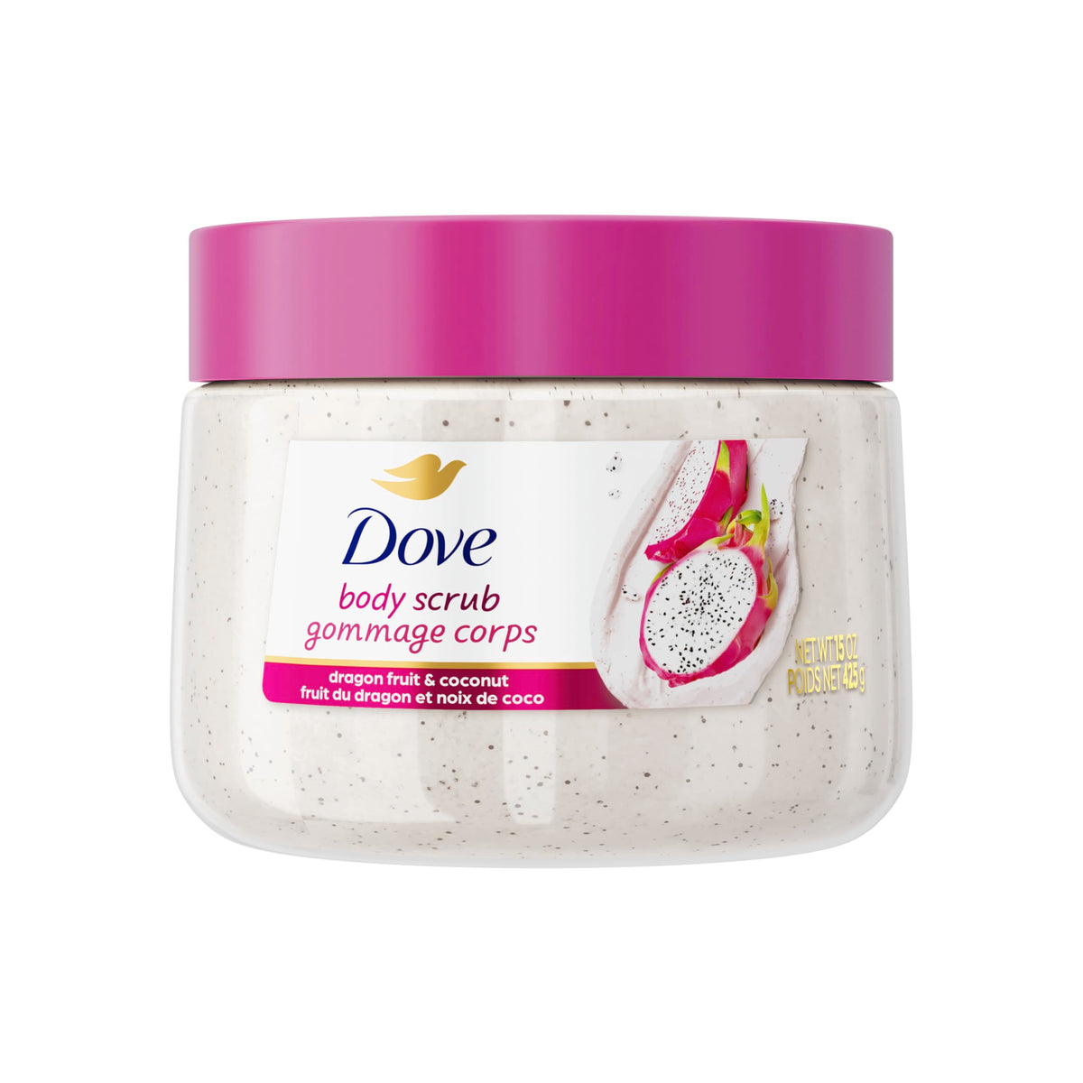 Dove Exfoliante Corporal Fruta Dragón Coco, textura cremosa para piel suave tras exfoliación.