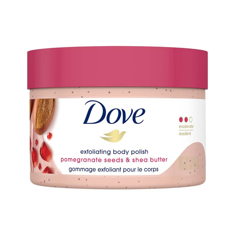 Dove Exfoliante Corporal Granada y Manteca de Karité, textura cremosa para piel suave.