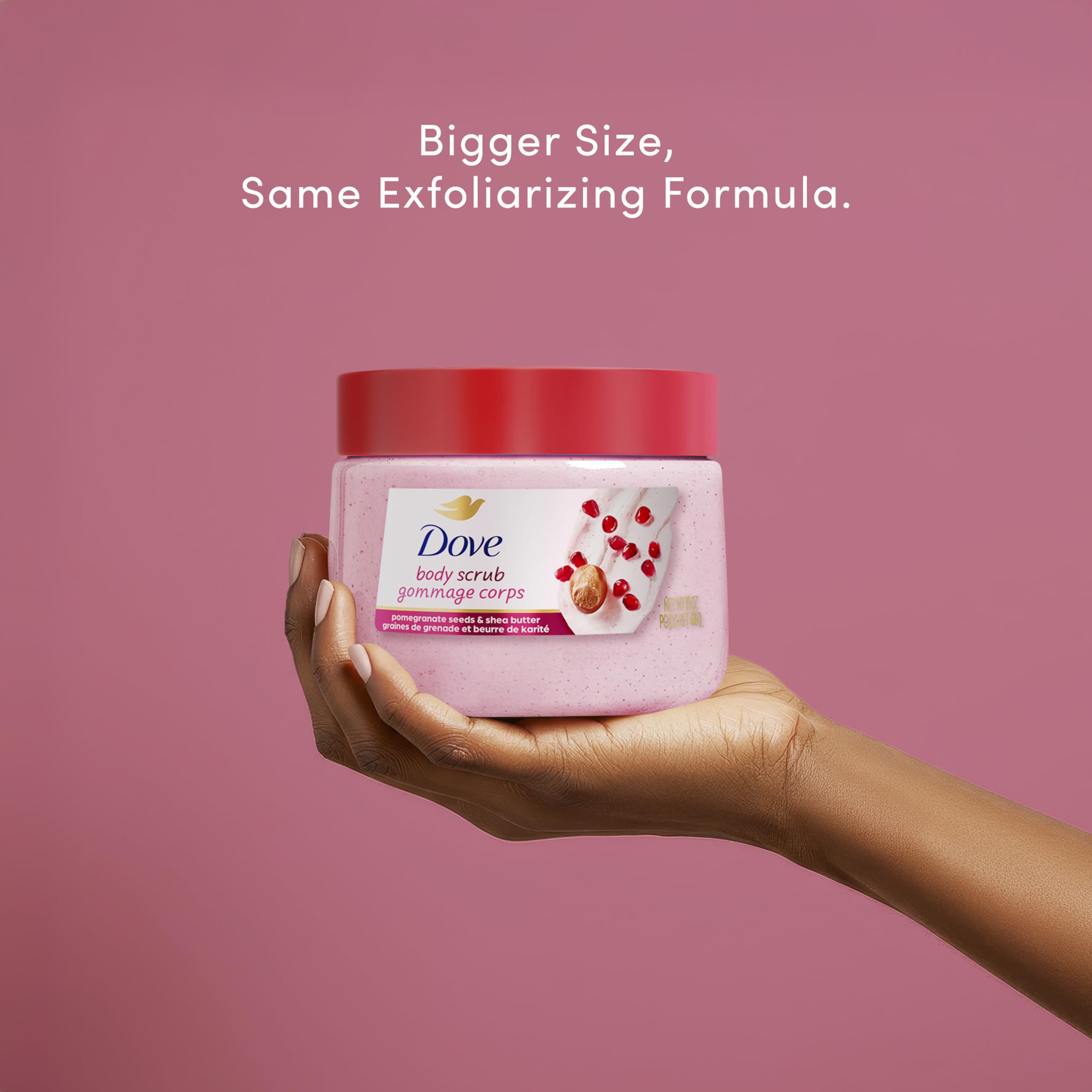 Dove exfoliante corporal con fragancia a granada para frescura real.