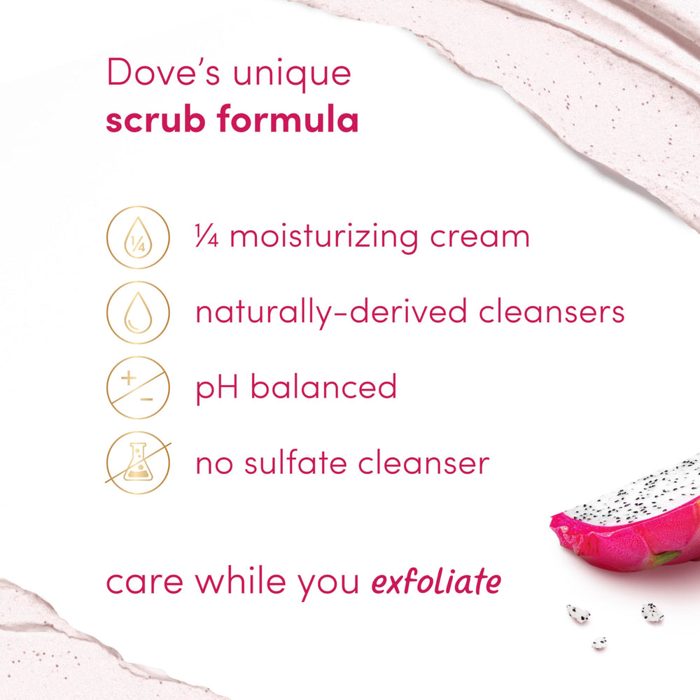 Dove Exfoliante Fruta Dragón Coco, crema suave que deja piel lisa.