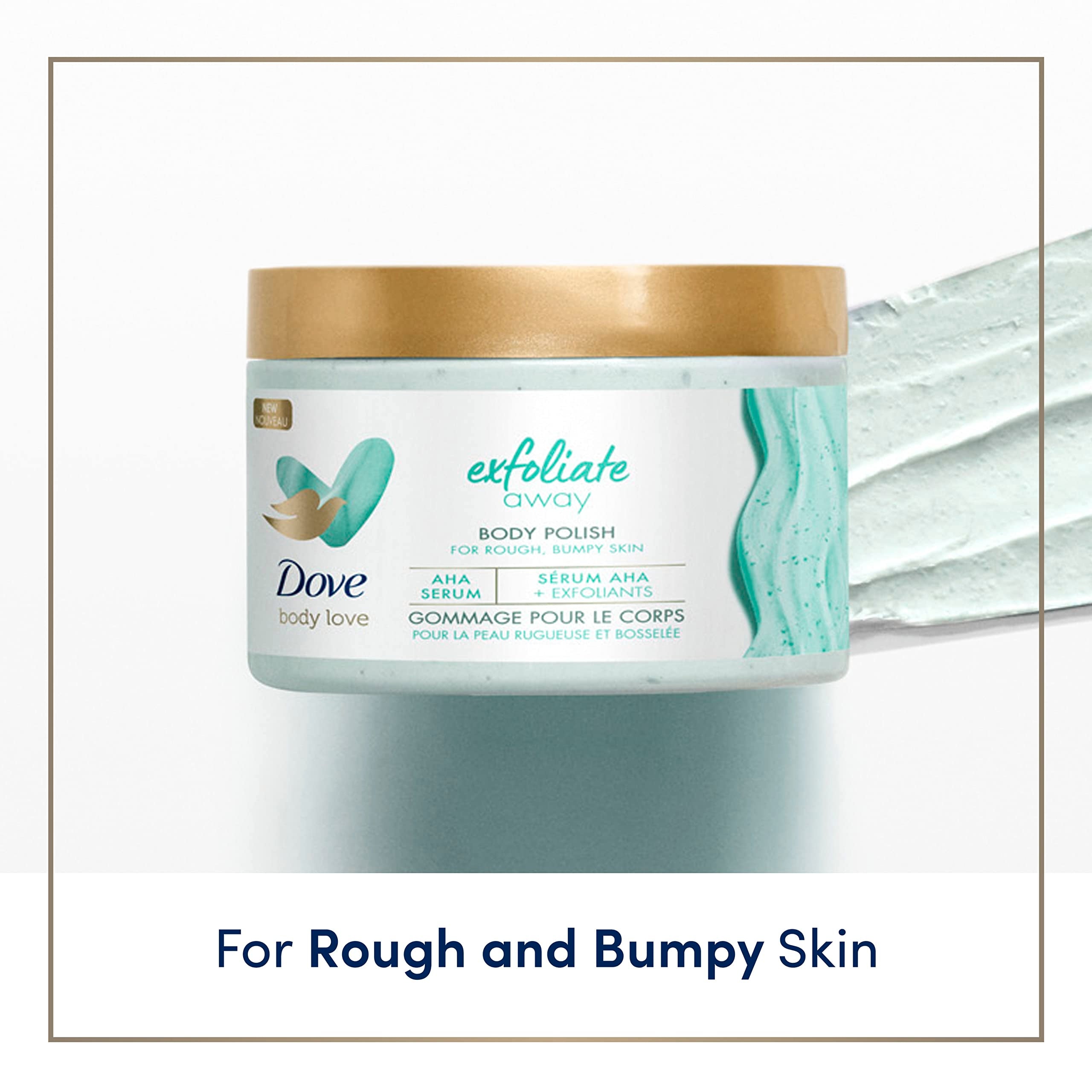 Dove Exfoliate Away con suero AHA, exfolia suavemente y cuida la piel.