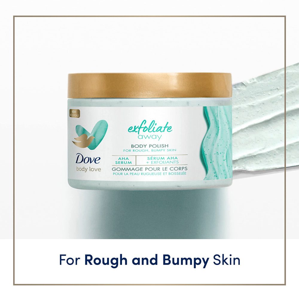 Dove Exfoliate Away con suero AHA, exfolia suavemente y cuida la piel.