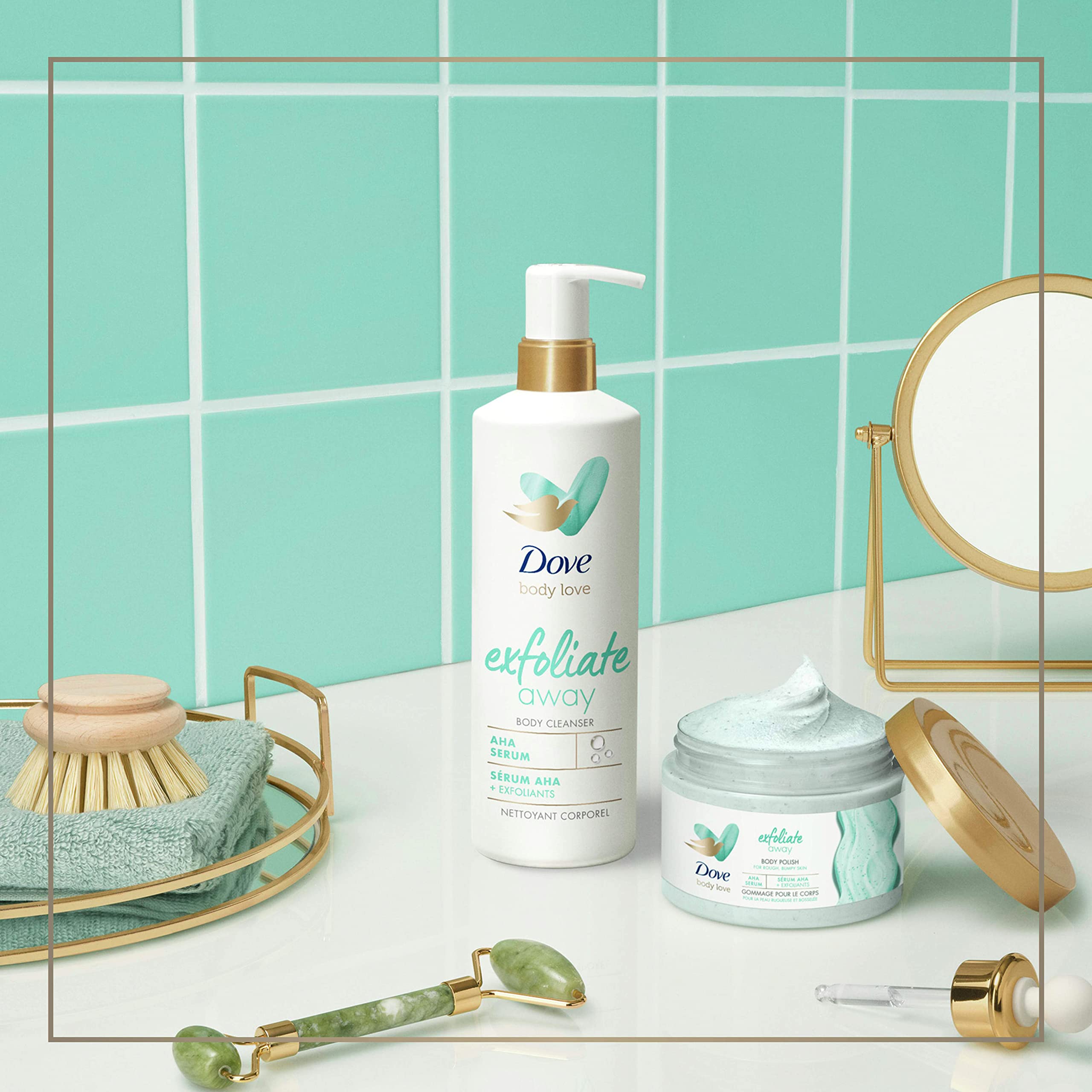 Dove Exfoliate Away ingredientes basados en plantas, limpieza suave y respetuosa.