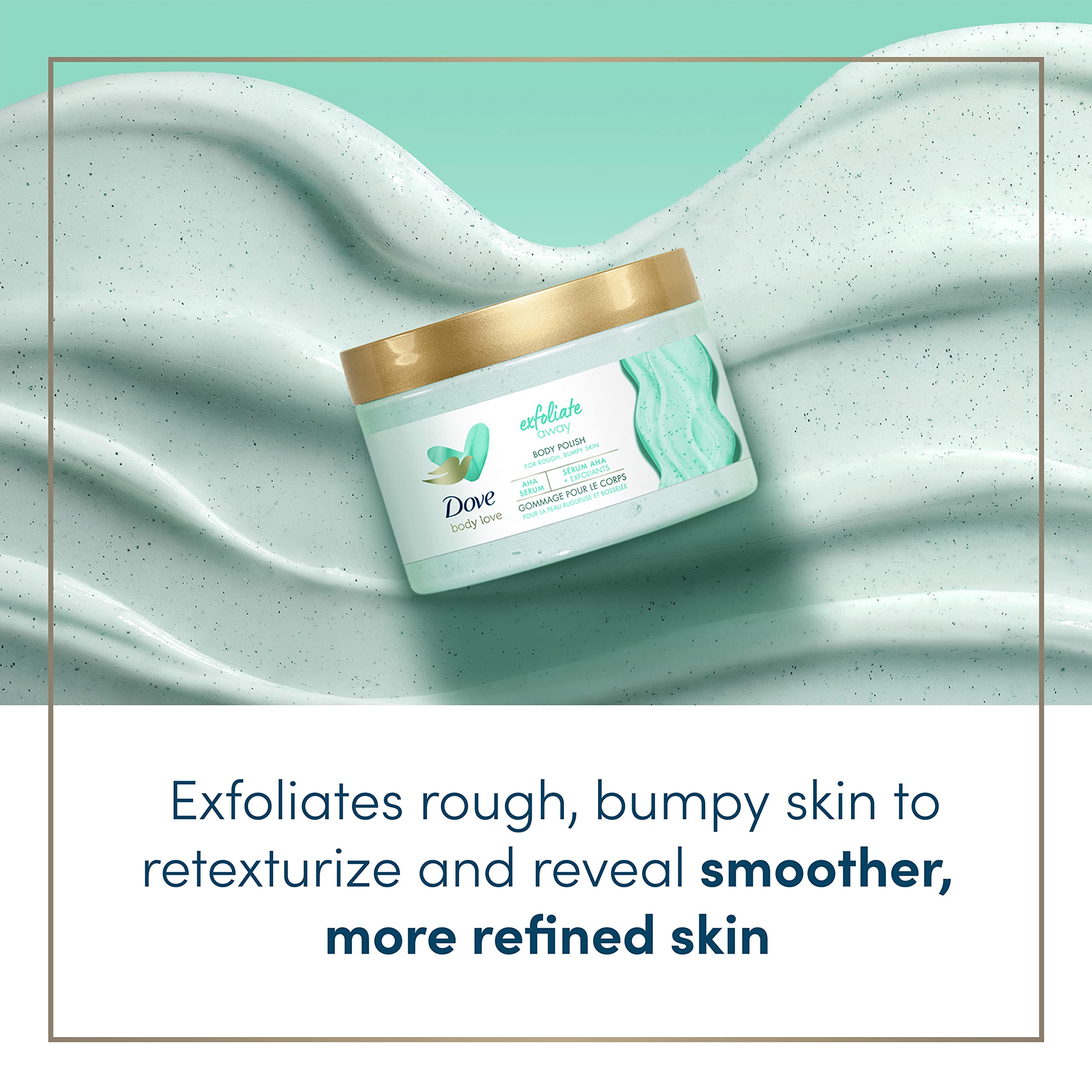 Dove Exfoliate Away masaje en piel, sensación de renovación tras cada uso.