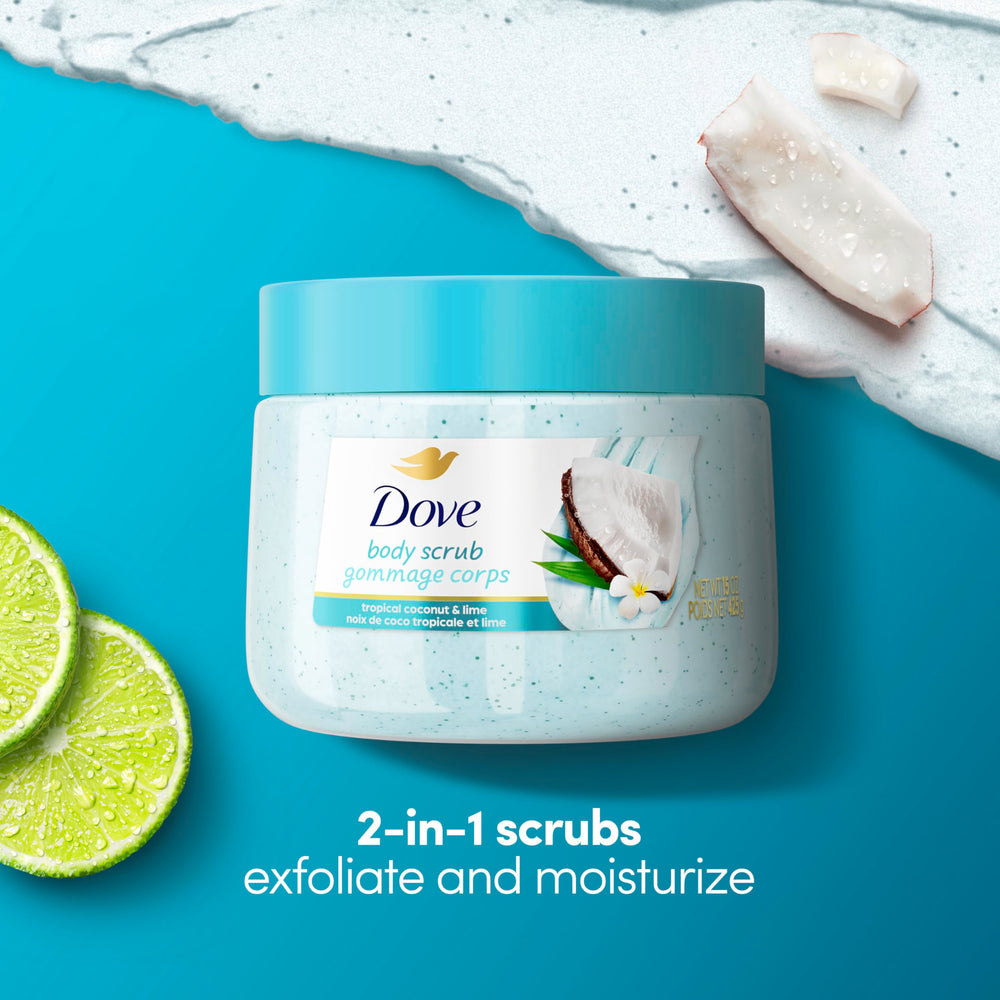 Dove exfoliating body scrub being applied in the shower