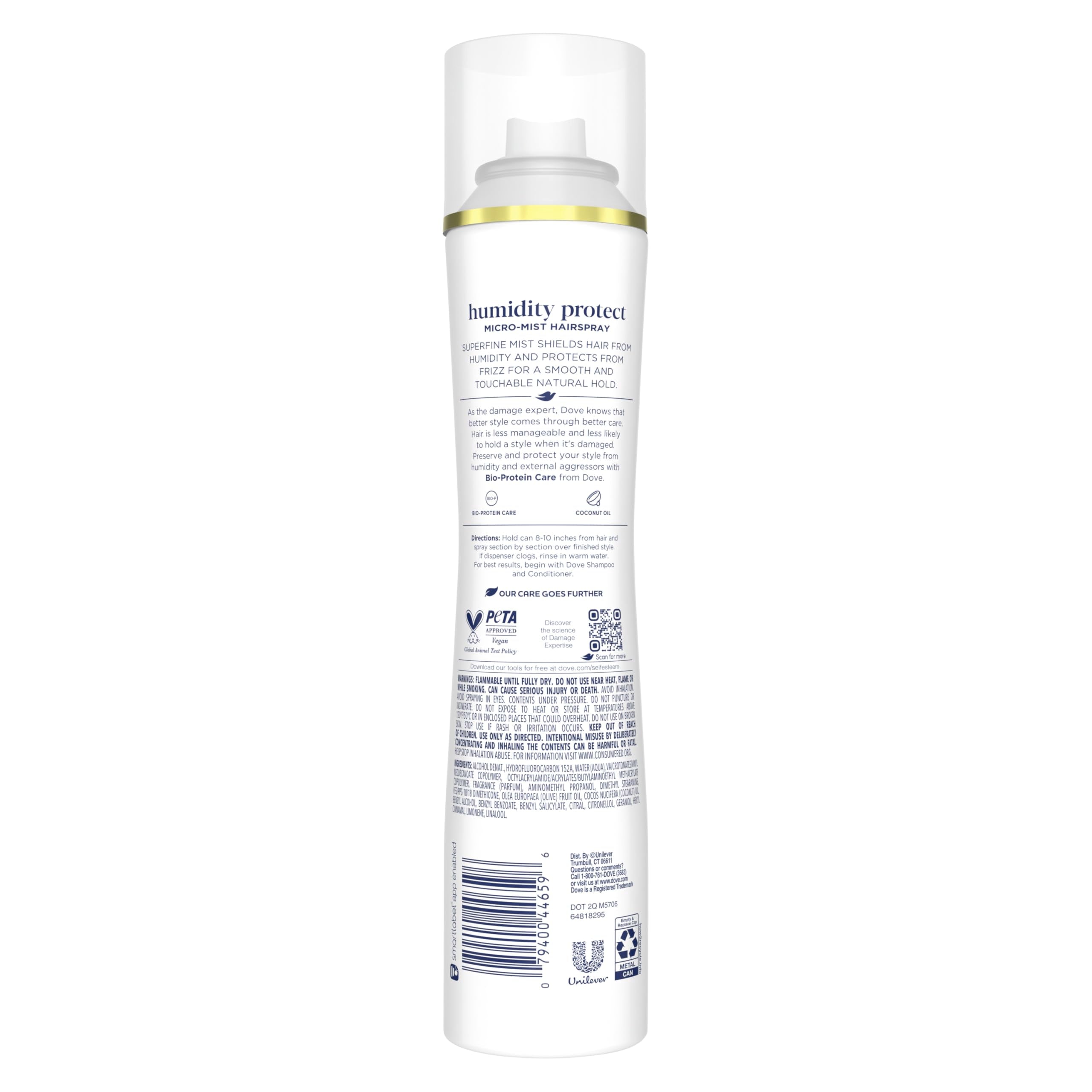 Dove fine-mist hairspray disperses evenly for lightweight, flexible hold.