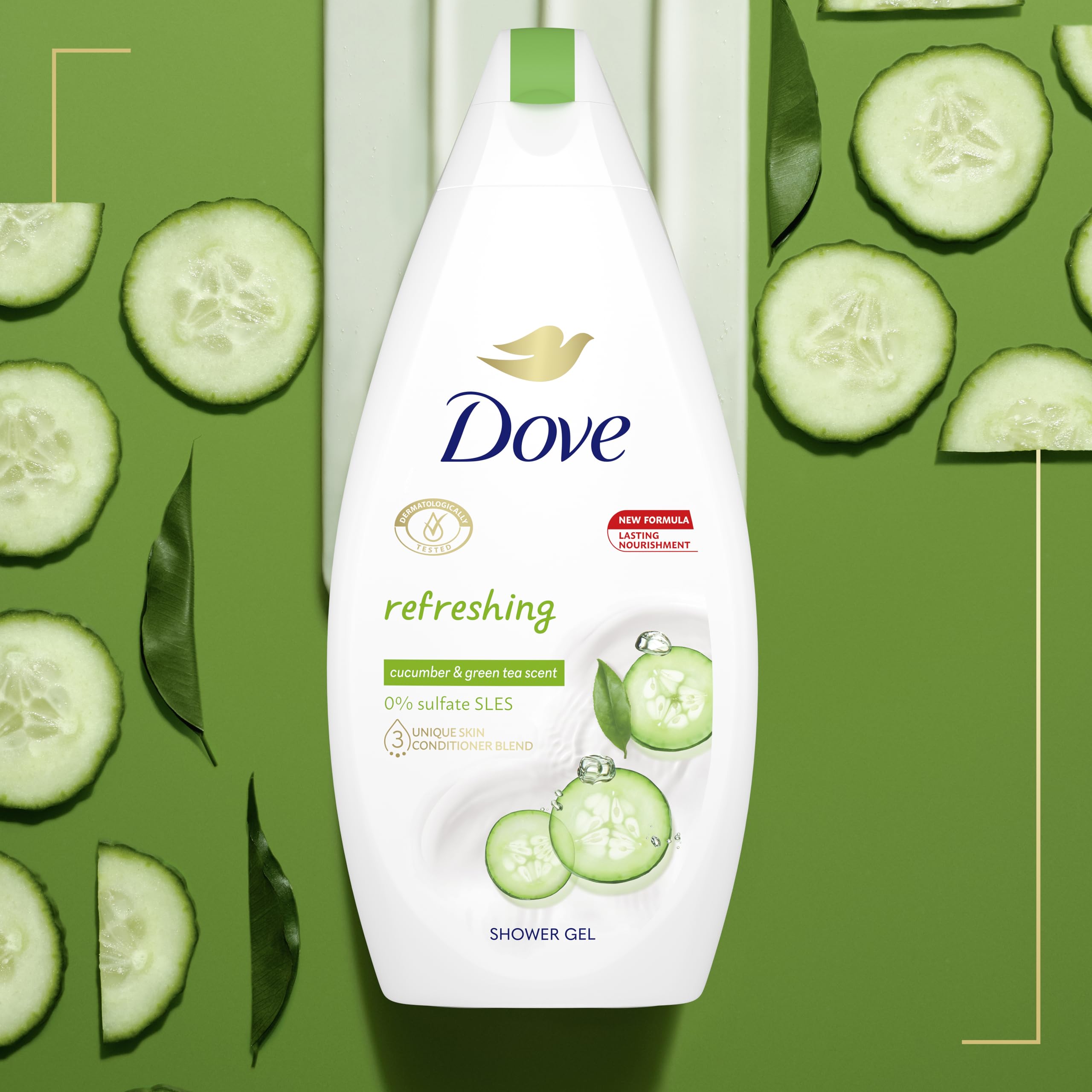 Dove Fresh Touch fragancia pepino y té verde para un aroma calmante durante la ducha.
