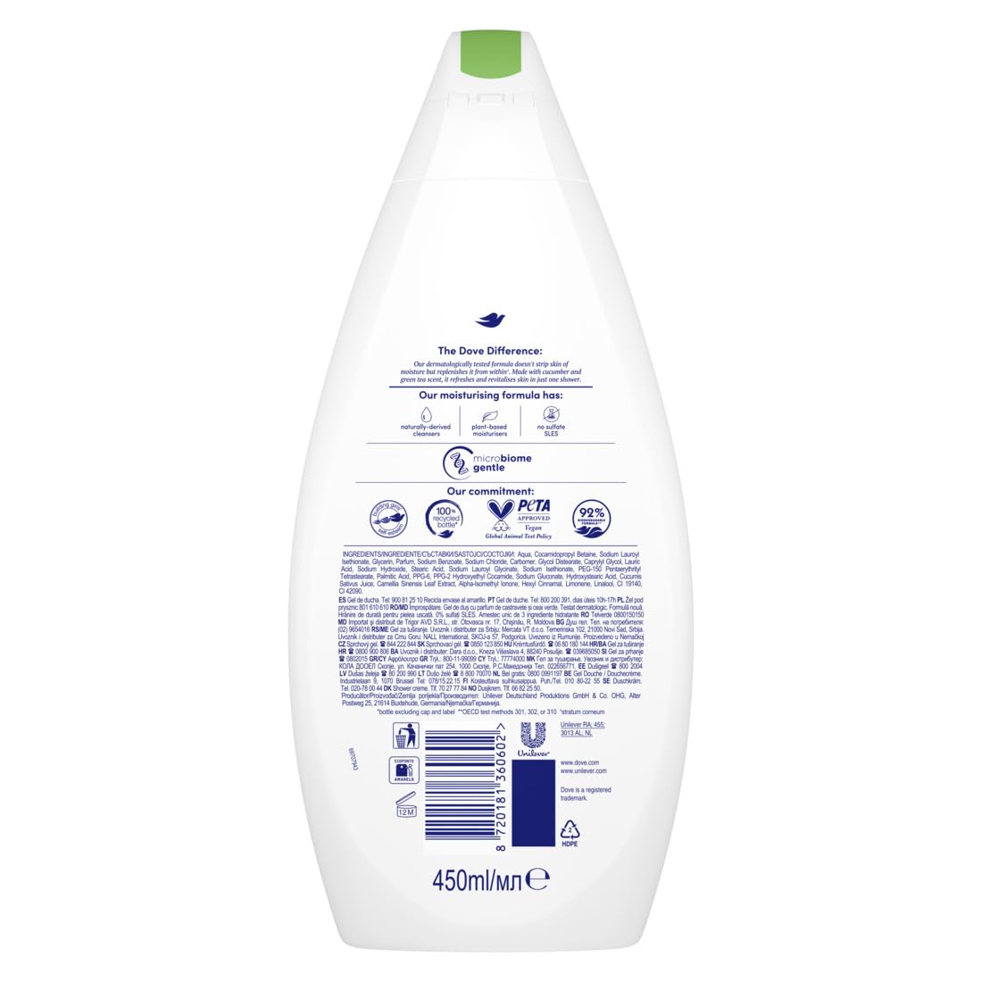 Dove Fresh Touch muestra textura espuma cremosa que limpia sin irritar la piel.