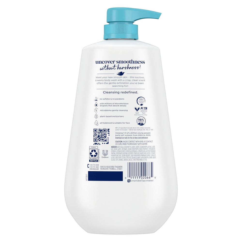 Dove: crema de ducha exfoliante suave genera espuma cremosa para limpieza suave.