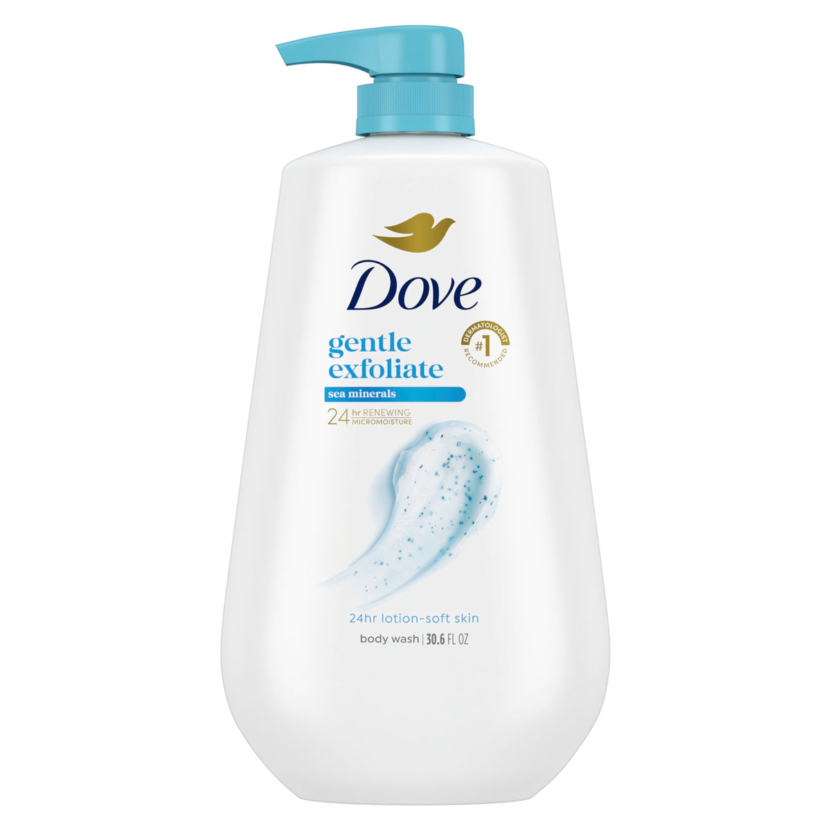 Dove: gel exfoliante suave con minerales marinos en botella, piel suave tras la ducha.