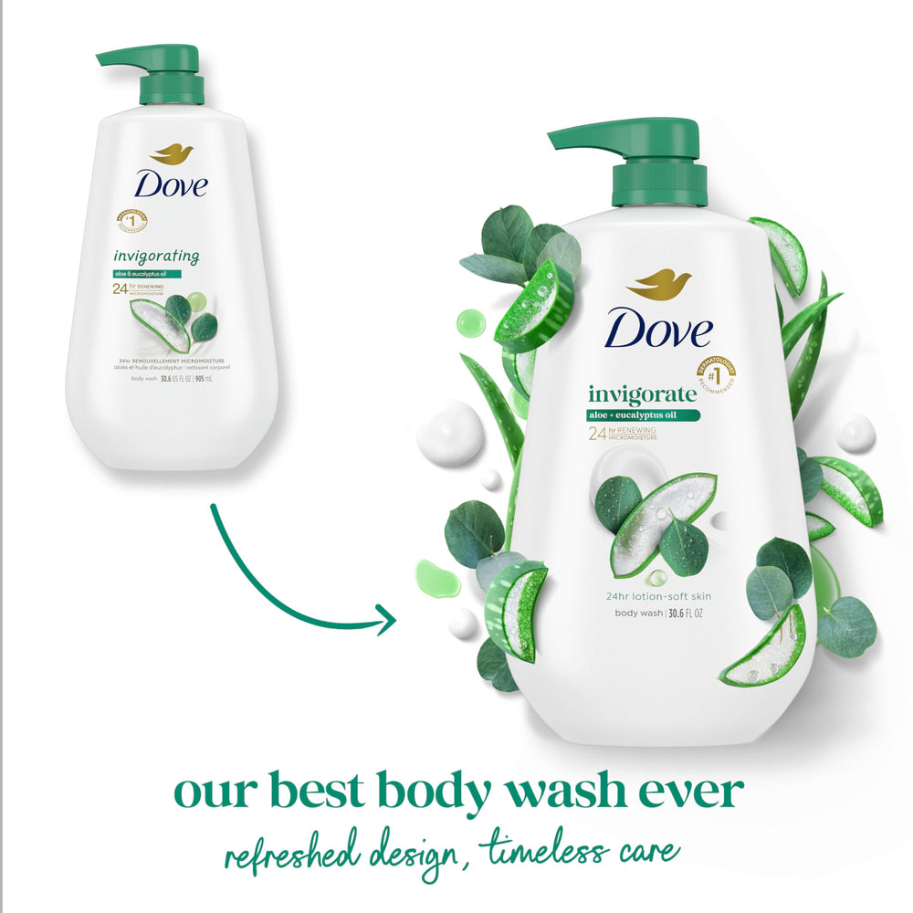 Dove gel de ducha energizante con microgotas hidratantes para piel suave y nutrida.
