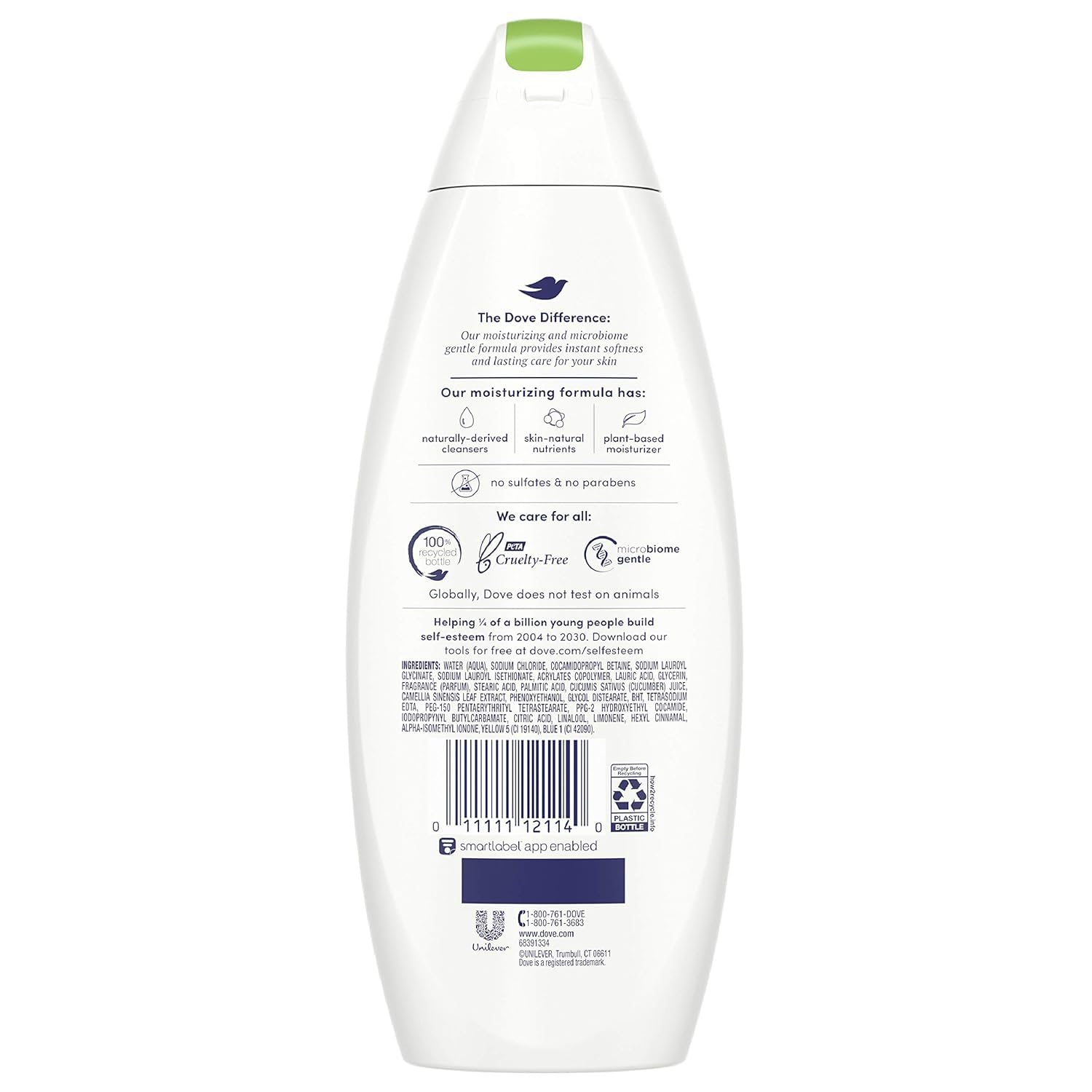Dove gel de ducha Pepino y Té Verde, textura cremosa para piel suave.
