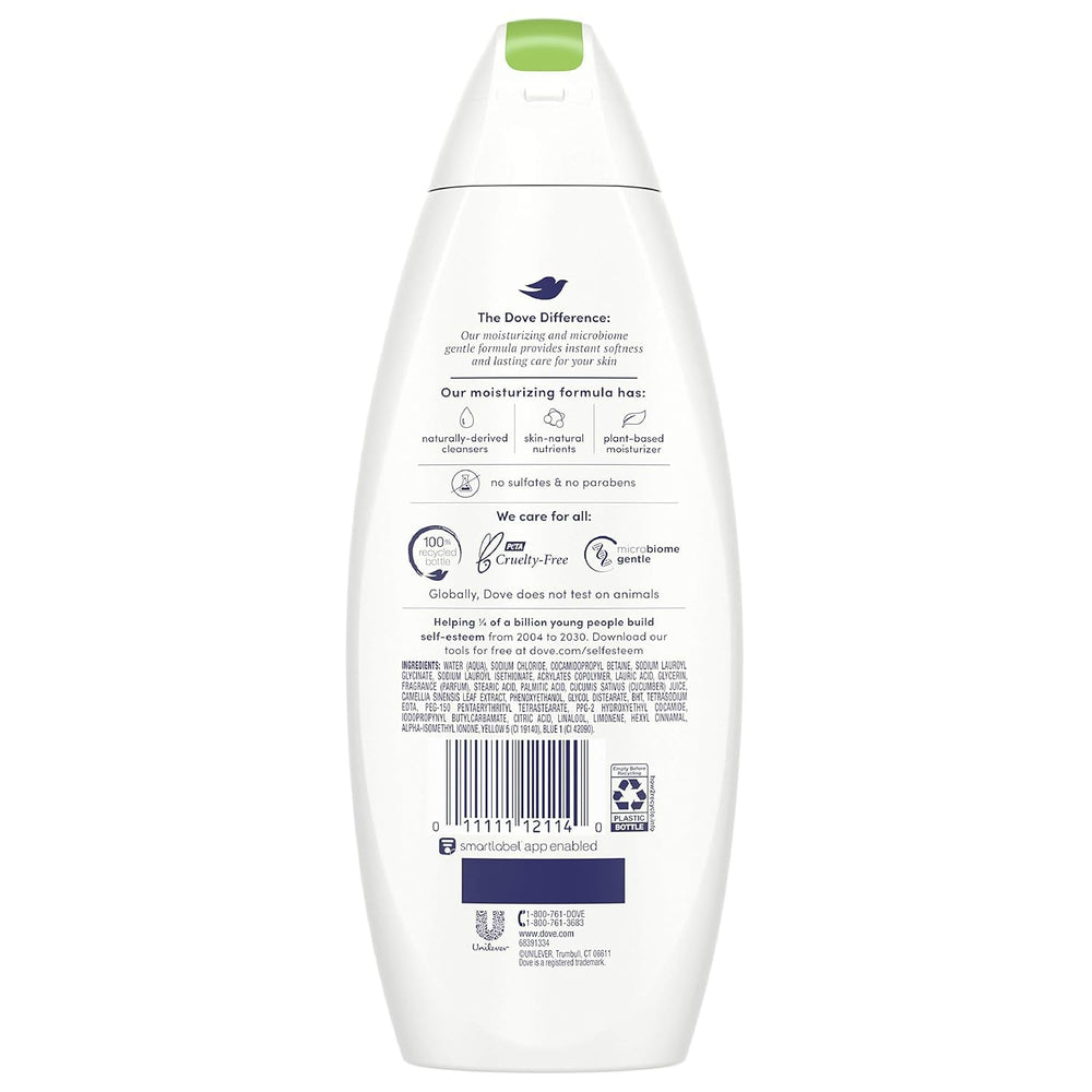 Dove gel de ducha Pepino y Té Verde, textura cremosa para piel suave.