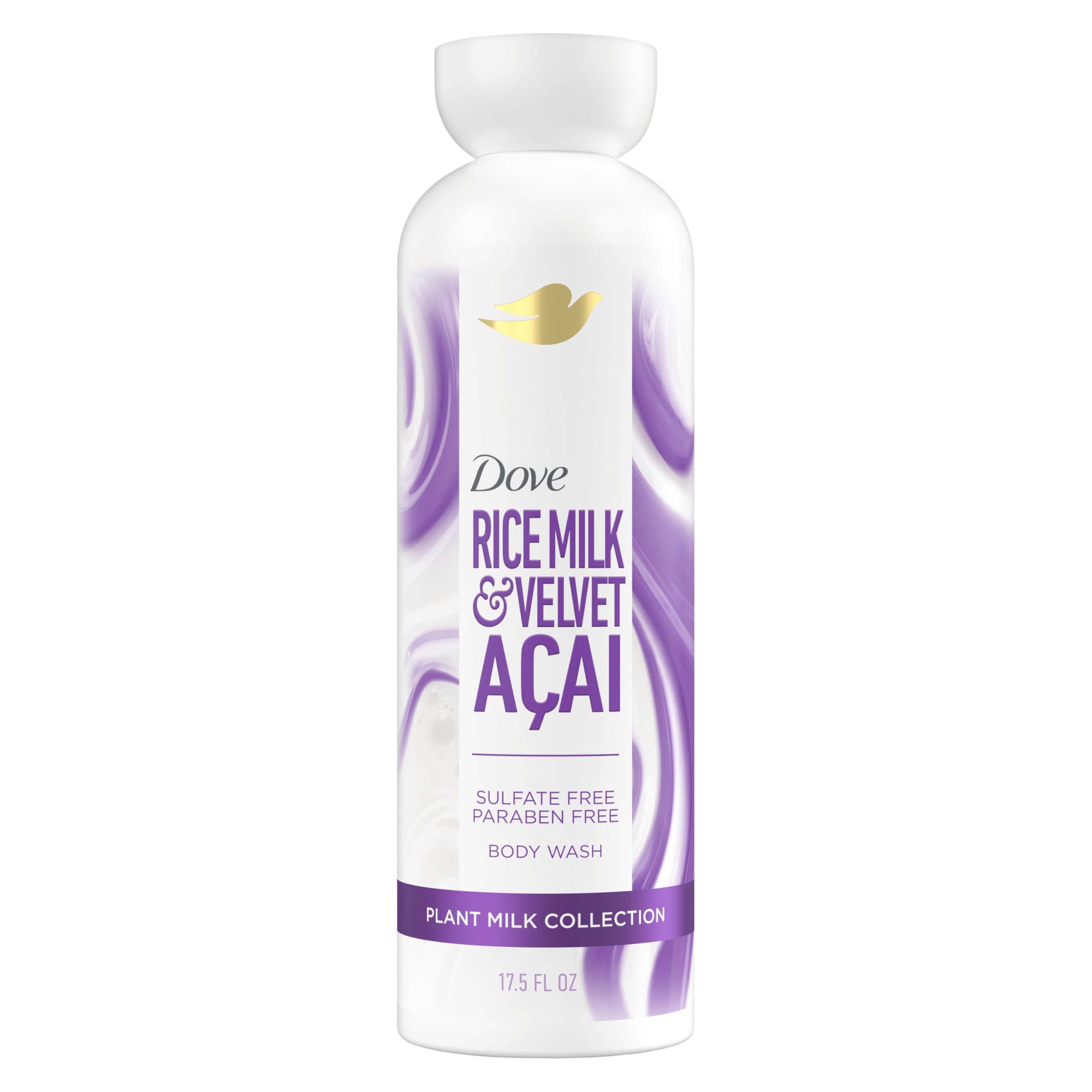 Dove gel limpiador corporal con leche vegetal acai y arroz para piel suave.