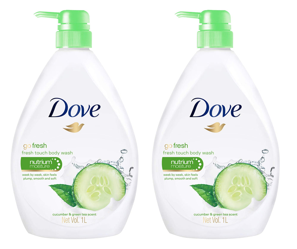 Dove Go Fresh Nourishing Body Wash bottle pouring with cucumber-green aroma for refreshing cleanse