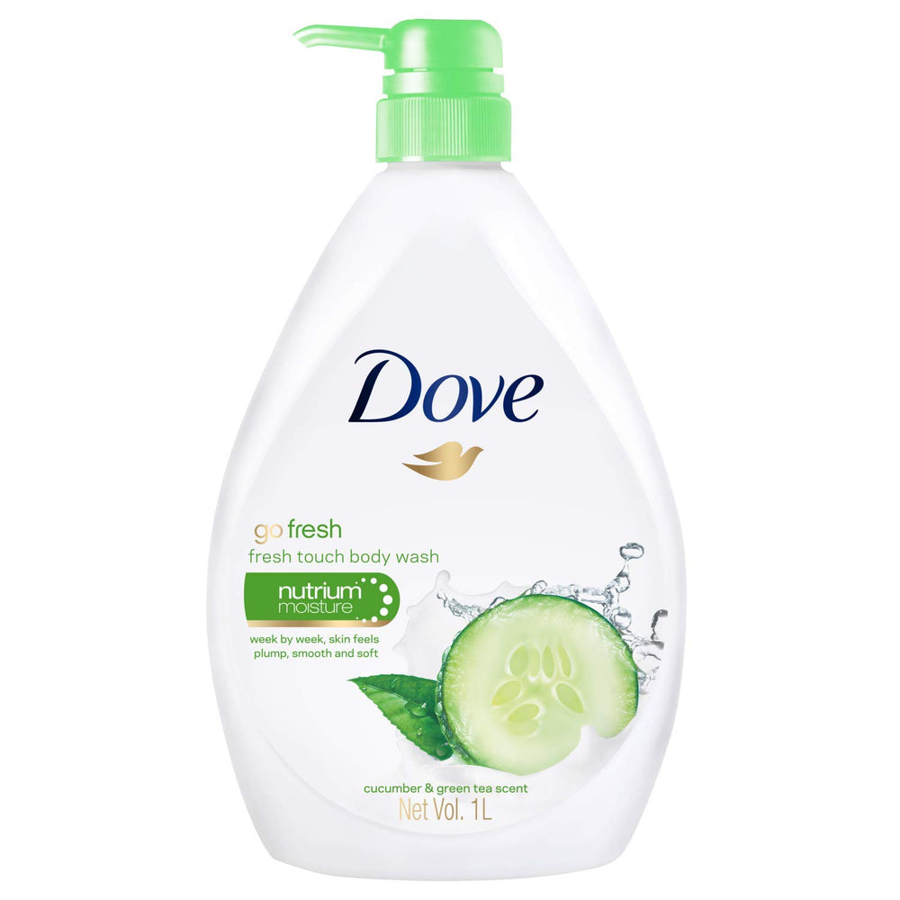 Dove Go Fresh Nourishing Body Wash closeup showing rich lather with cucumber green scent for nourished skin