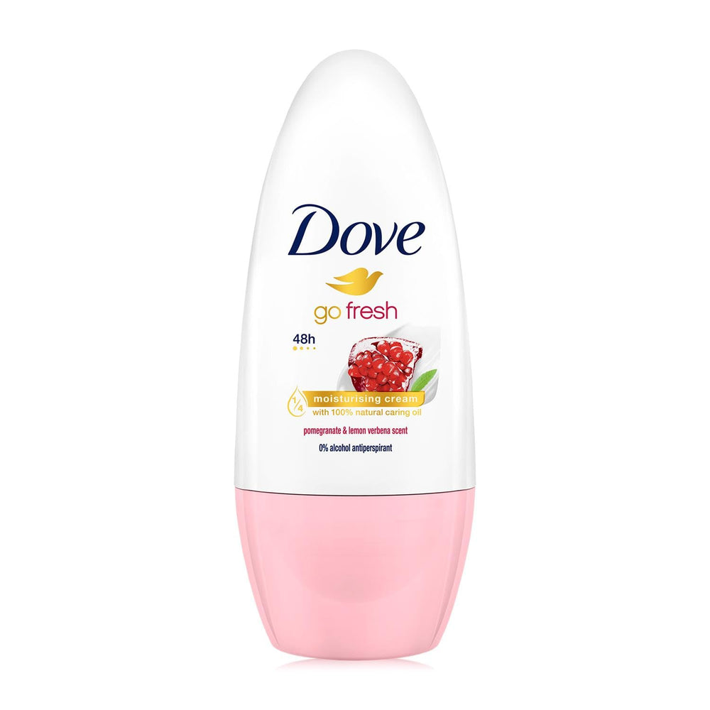 Dove Go Fresh roll-on bottle close-up highlights 50 ml size and travel-friendly design.