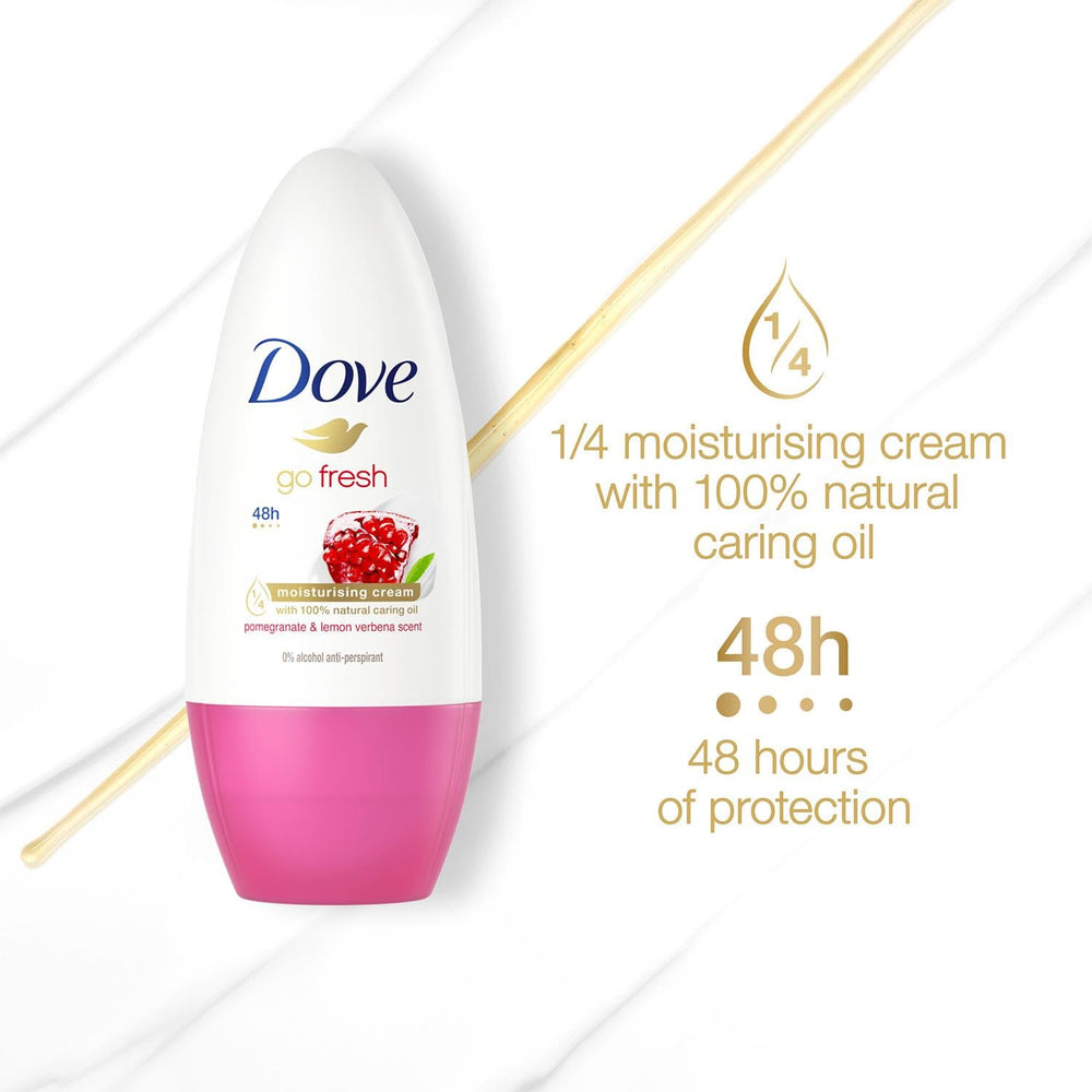 Dove Go Fresh display emphasizes pomegranate lemon notes and gentle underarm care.