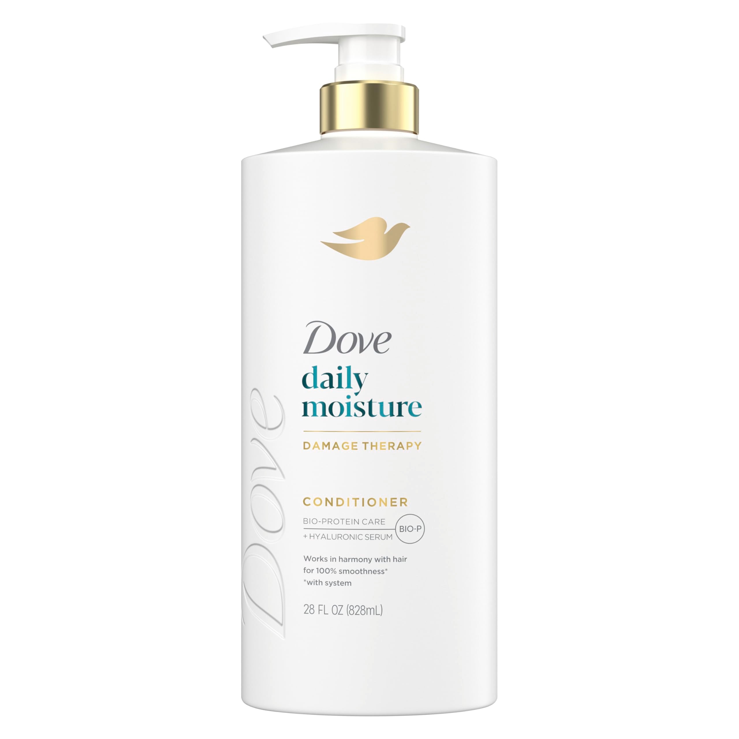 Dove Hidratación Diaria: botella en primer plano para cabello seco suave desde el primer uso