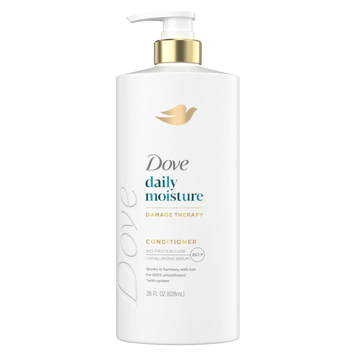 Dove Hidratación Diaria: botella en primer plano para cabello seco suave desde el primer uso