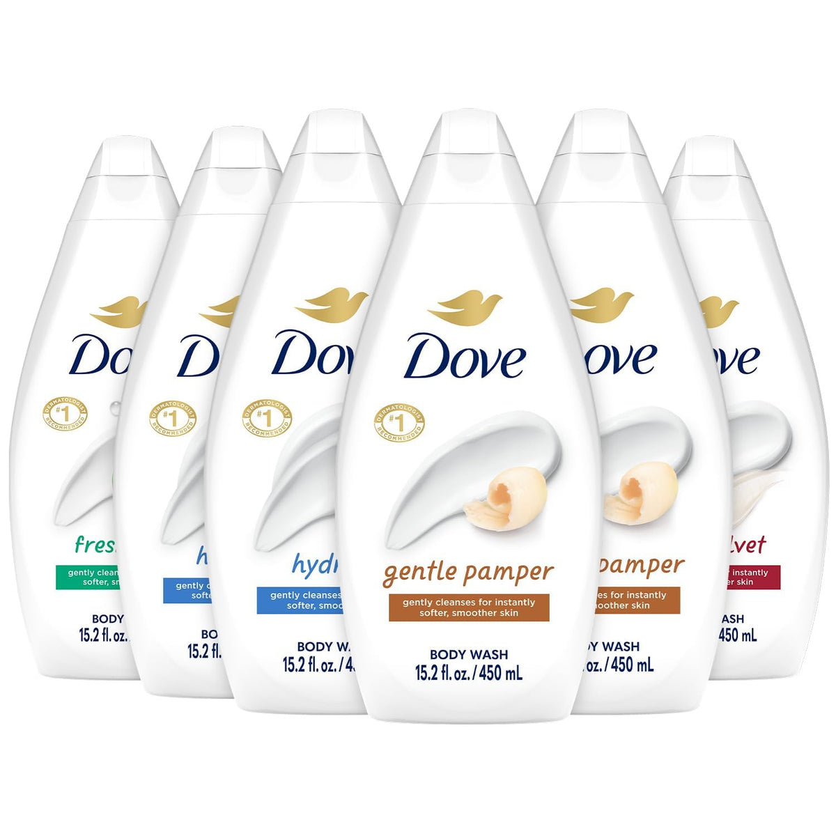 Dove Hydrate bottle — rich moisturizer helps preserve skin moisture during showers.
